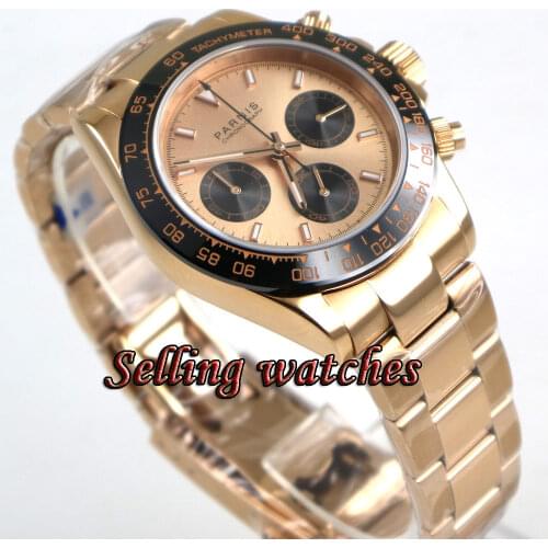 39mm parnis Rose Golden Dial 316L Solid rose golden plated case ceramic bezel full Chronograph Quartz movement mens Watch