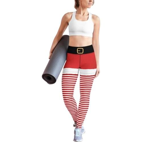 New Fashion Women Ladies Christmas Striped Pants Female Slim High Waist Ankle-length Leggings Green Red Dark Red