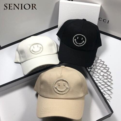 Autumn Smiley Pearl Women Hat Cotton Adjustable Leather Womens Baseball Cap Soft Top Comfortable High-quality Women Casual Hat