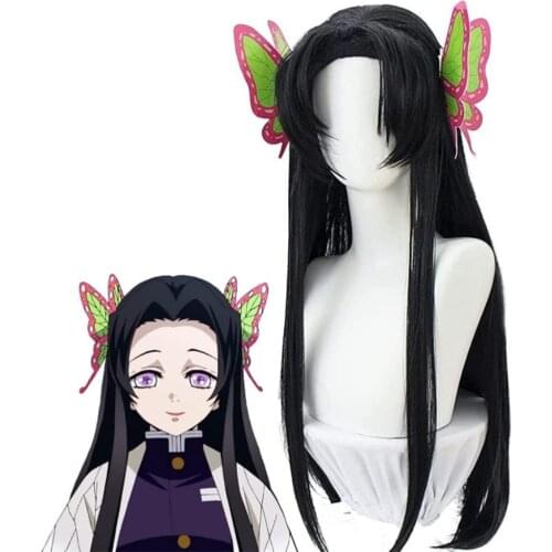 Kochou Kanae Wig Anime Demon Slayer Kimetsu no Yaiba Cosplay Synthetic Black Long Hair Butterfly Headwear Halloween Cos Props