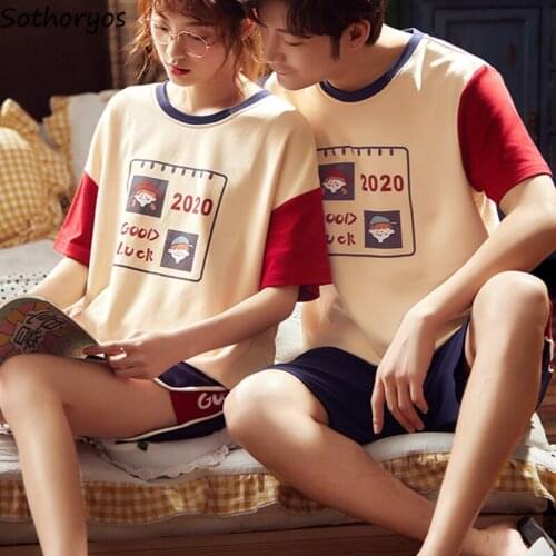 Couple Pajama Sets Women Leisure Soft Lovely Cartoon Short Sleeve Letter Print Breathable Homewear Fashion O-neck Pullover Chic