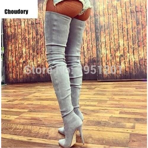 Hot sale womens thigh high boots black grey beige elastic thin high heels over the knee boots pointed stretch long boots
