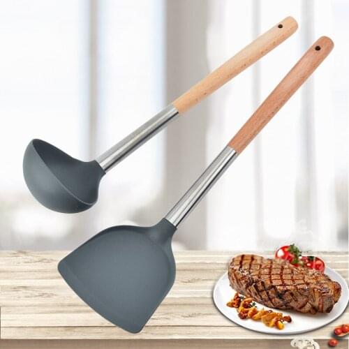 Gray Silicone Spatula Soup Spoon Long Wooden Handle Kitchenware 34-37 CM Kitchenware Cooking Utensils Non-stick Kitchen Tools