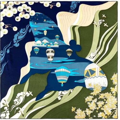 POBING Manual Hand Rolled Twill Silk Scarf Women Dream City Square Scarves Echarpes Foulards Femme Wrap Bandana Hijab 90CM