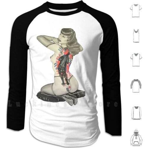 Tattooed Bettie Hoodie Long Sleeve Bettie Page Black And White B W Retro Vintage Pin Up Tattoo Panther Woman Sexy