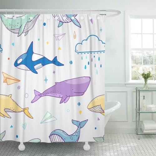 Blue Cute Sea Life Underwater Whales in Cartoon Graphic Shower Curtain Waterproof Polyester Fabric 72 x 72 Inches Set with Hooks