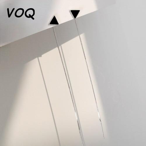 VOQ 925 Sterling Silver Geometric Black Triangle Earrings Ladies Temperament Long Tassel Fashion Simple Jewelry