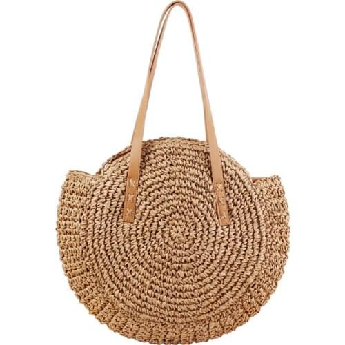 HMUNII Hand-woven Round Womans Shoulder Bag Handbag Bohemian Summer Straw Beach Bag Travel Shopping Female Tote Wicker Bags