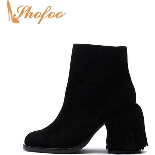 Black Woman Ankle Boots High Chunky Heels Round Toe Booties Zipper Large Size 14 15 Ladies Fashion Fringe Trim Sexy Shoes Shofoo