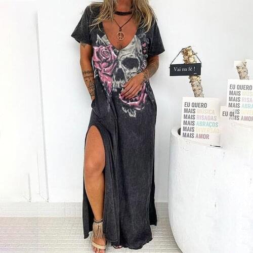 2020 Summer Dress Womem V Neck Skulls Casual Dresses for Woman Loose Split Short Sleeve Long Dress