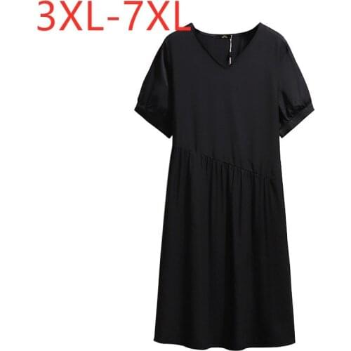 New 2021 Ladies Summer Plus Size Midi Dress For Women Large Short Sleeve Retro Black Fold V-neck Dress 3XL 4XL 5XL 6XL 7XL