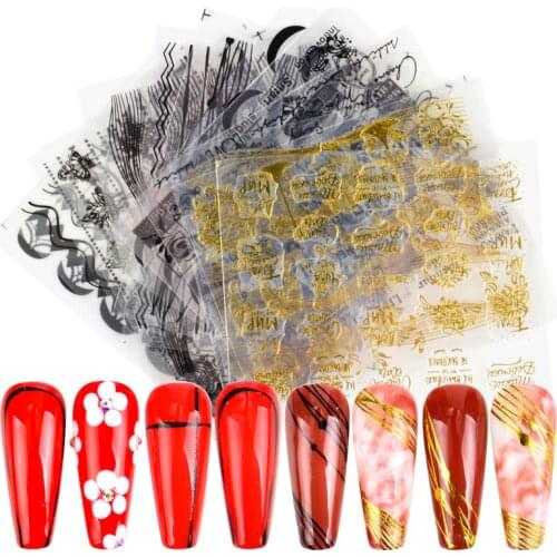 3D Letter Nail Art Stickers Adhesive Sliders Black/Gold Nail Transfer Decals Foils Wraps Nail Decorations Laser