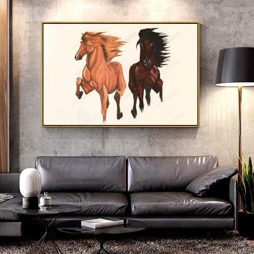 Artcozy Running Brown Horse Canvas Painting for Home Decoration Canvas Printings Spray Painting Horizontal Rectangle Animal