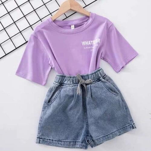 White Cotton Girls Clothing T shirt + Denim Shorts Jeans Costume For Girls Teenage kids Childrens Clothes 4 6 8 10 12 14 Years