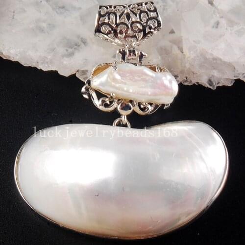 Free Shipping Women Fashion Jewelry 52x61x18mm Beautiful White Mother of pearl Shell Oval Pendant Bead C3768