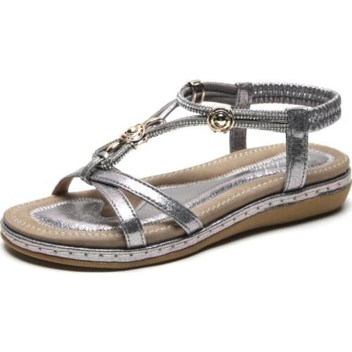 Summer woman sandals PU Elastic band Flat Toe Round Toe Rhinestones Bohemia Toe Comfy Soft Retro Wedge Ladies Sandals black