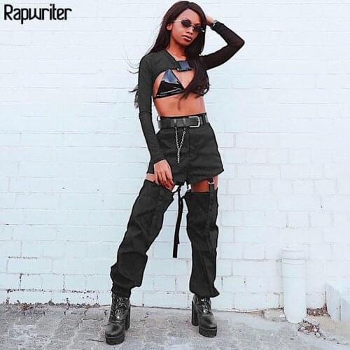 Rapwriter Streetwear High Waist Ribbon Patchwork Pants Women 2020 Black Hollow Out Jogger Trousers Cargo Ankle-length Pants