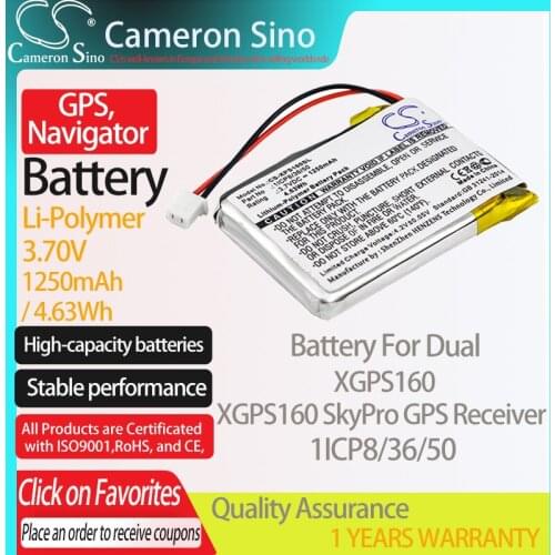 CameronSino Battery for Dual XGPS160 XGPS160 SkyPro GPS Receiver fits Dual 1ICP8/36/50 GPS,Navigator battery 1250mAh 3.70V