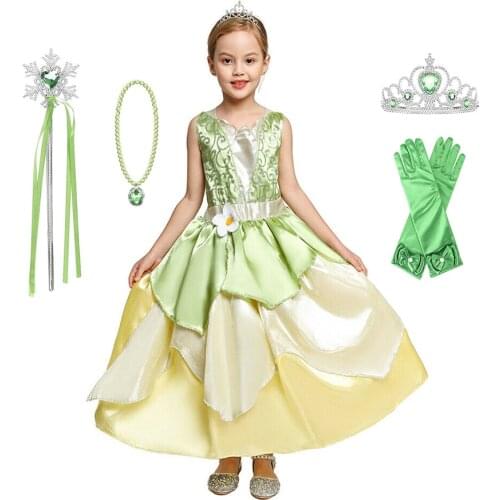 Halloween Kids Tiana Fancy Dress Up Girl Princess Party Cosplay Costume Accessories Children Birthday Gifts Age 4-12