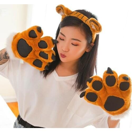 Adult Kids Plush Tiger Cosplay Costume Set Cute Ears Headband 3D Animal Paw Fluffy Gloves Stuffed Toys Party Supplies