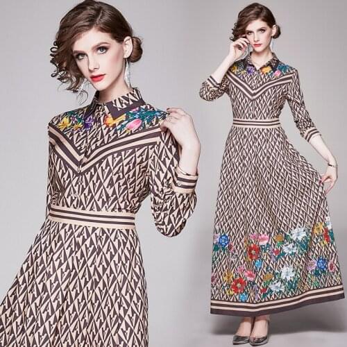 England Style Elegant Office Party Maxi Dress Women Fashion Swing Long Sleeve Shirt Dress Vintage Design Print Harajuku Sundress