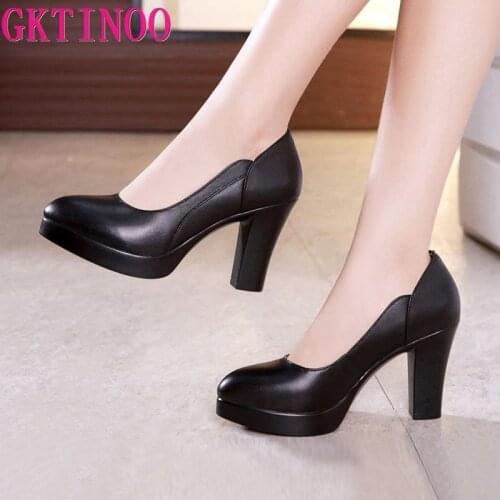 GKTINOO Spring Autumn Office Lady Pumps Black Shoes Women High Heels Genuine Leather Pointed Toe Comfortable Womens Shoes