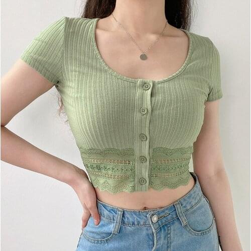 Korean Style Ribbed Knit Cardigan Button Sexy Crop Top Women Short Sleeve T Shirts Fashion Green Summer Tops Women Clothes