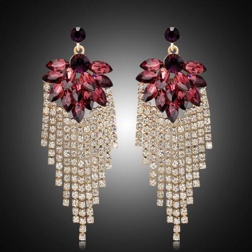 Red Leaf Cluster Crystal Women Fashion Drop Earrings Prom Party Wedding Jewelry Rhinestone Big Long Tassel Earrings BA148