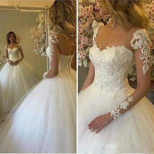 Lace Appliques Ball Gown Wedding Dress with Long Sleeves Sheer Neck Wedding Gown bridal party dresses