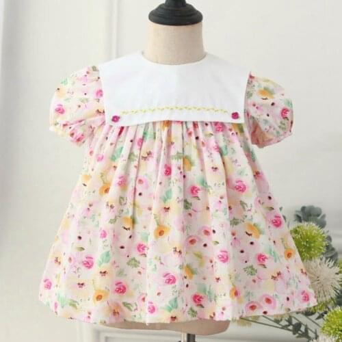 Summer Baby Girls Floral Print Dresses Korean Style Puff Sleeve Cotton Kids Dress