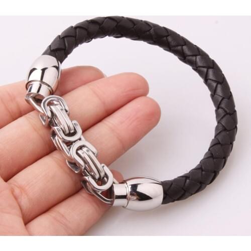 Fashion Jewelry 316L Stainless Steel Bracelet 8mm Geometric Byzantine Link Chain Black Genuine Leather Men Women Bangle