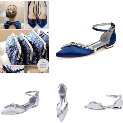 Fashion Bridal Wedding Flats Satin Pointed Toe Rhinestones Women Shoes Ankle Strap Evening Patry Guest Reception Ladies Shoes