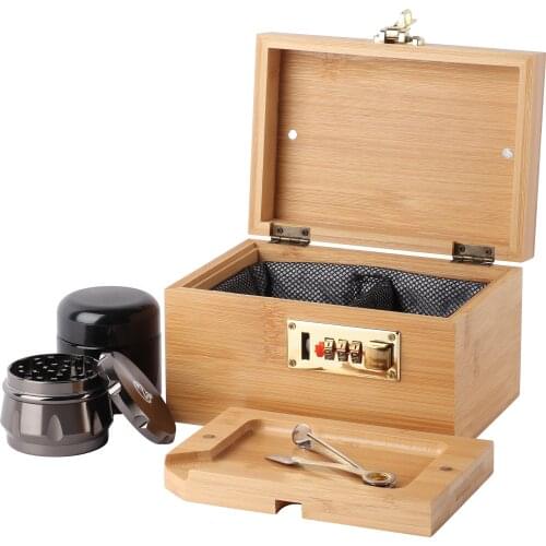 Stash Box Combo - Accessories Kit, Locking Wooden Box with Grinder, UV Glass Stash Jar, Bamboo Box with Lock
