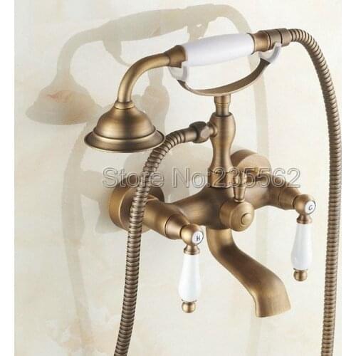Wall Mounted Antique Brass Bathroom Shower Faucet Bathtub Faucet Set with Telephone Style Ceramic Handheld Shower Spray ltf152
