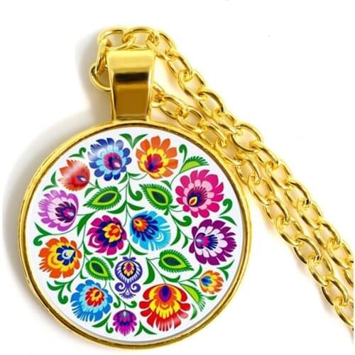 Polish Folk Art Pattern Pendant Necklace 25mm Glass Dome Cabochon Jewelry For Women Men Golden Plated Sweater Chain Gift