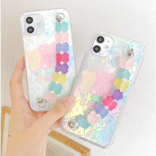 Korea laser Bear Chain Bracelet Transparent soft Phone Case For iPhone 12 Pro Max MiNi 11 Pro Max X XR XS MAX 8 7 plus SE 2020