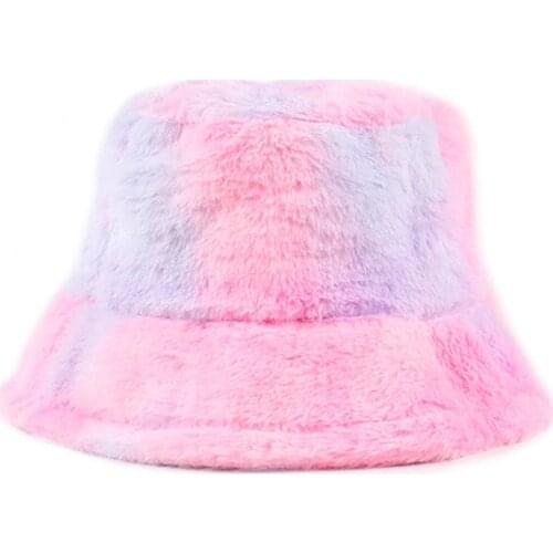 Hat girl autumn and winter new rainbow gradient mixed color thickened Plush warm fashion fishermans hat cute sweet cap