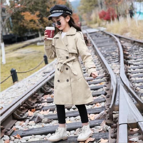 Spring Autumn Long Double Breasted Windbreaker Girls Coat Cotton Thicken Trench For Girls Turn-down Collar Button Belt Jacket