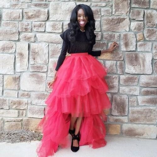 Rose Red High Low Tiered Ruffles Tulle Skirts Women Faldas Mujer Moda Custom Made Bridal Tutu Skirt Zipper Bridesmaid Tutu Skirt
