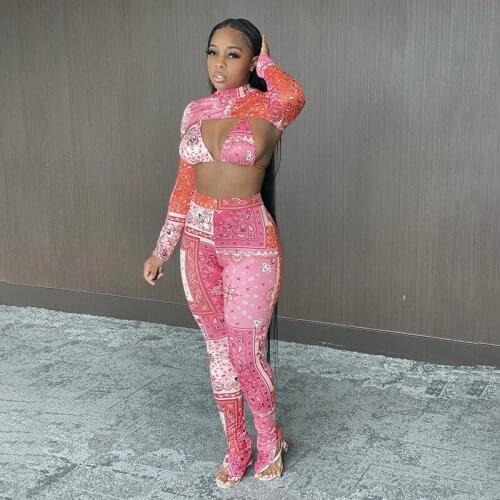 Pink Vintage Printed 3 Piece Sets Women Turtleneck Short Top Bra High Waist Leggings Elastic Turtleneck Outfit Sexy Streetwear