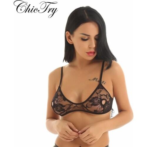 Womens Female Lingerie Soft Lace Bra Tops Floral Sheer Nipple Hollow out Bralette Wire-free Unlined See Through Nightwear Bra