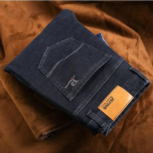 Plus Size 42 44 46 Winter Men Winter Warm Jeans Business Fashion Regular Fit Stretch Fleece Thick Trousers Male Brand Black Blue