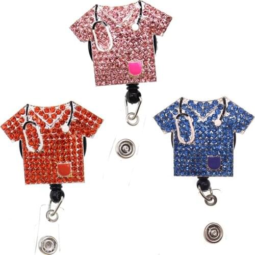 10 pcs /lot Pink Blue and Orange Rhinestone Scrub Retractable Badge Holder For nurse Gifts ID Card Badge Reels