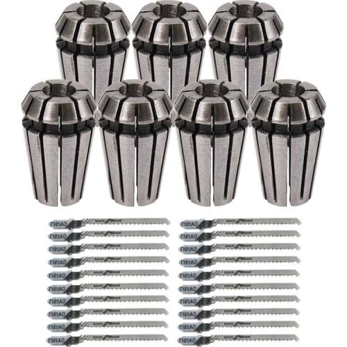 7Pcs 1-7mm ER11 Collet Chuck Tool Bits Holder Spring Collet with 20Pcs Jigsaw Blade T101AO T-Shank Multi Jig Saw Blades