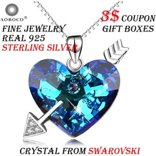 AOBOCO Embellished With Crystal From Swarovski Arrow With Blue Heart 100% 925 Sterling Silver Pendant Necklace Mothers Day Gift