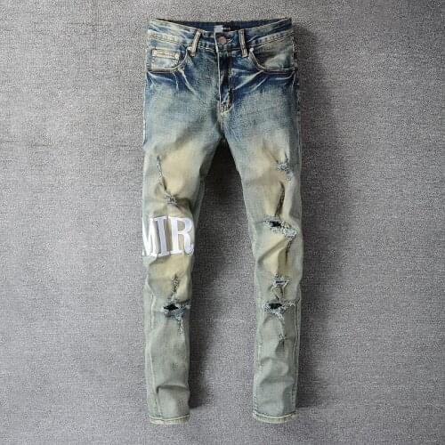 Retro Old Street Fashion Mens Ripped Letter Jeans Men Motorcycle Pants Men Punk Jeans Ripped Pants Pantalon Homme Jeans For Men