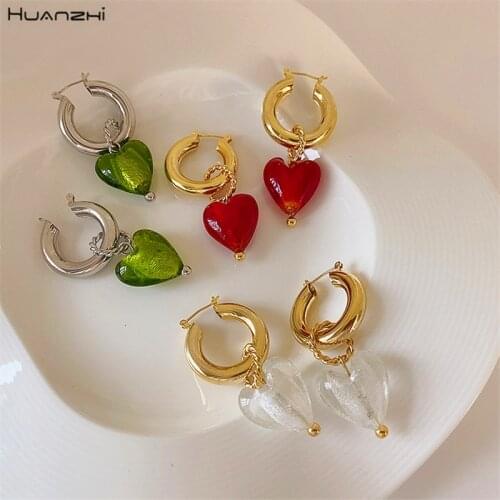 HUANZHI 2021 Vintage Colorful Glass Love Heart Shaped Drop earrings Gold Color Metal Circel For Women Girls Travel Jewelry