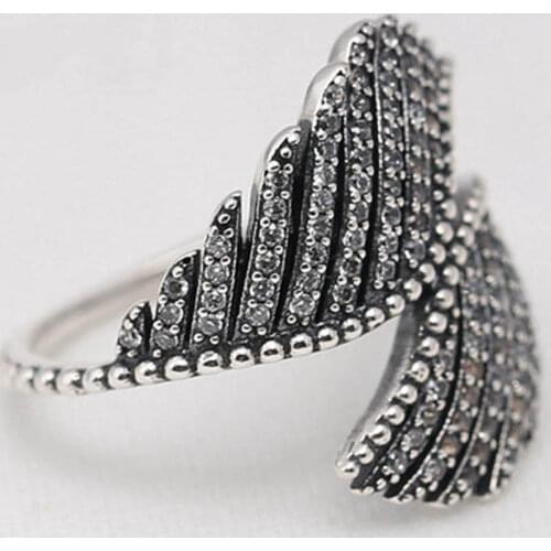 S925 Silver Majestic Feathers With Crystal Ring For Women Wedding Party fit Lady Fine Jewelry