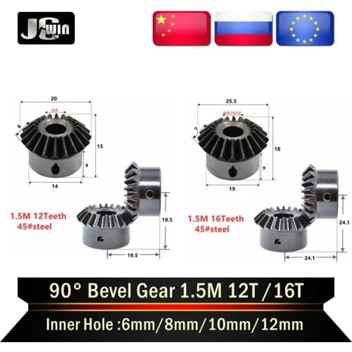 2pcs Bevel Gear 1.5M 12T 16Teeth inner hole 6/8/10/12 mm gear 90 degrees meshing angle Steel Gears Screw Hole M5