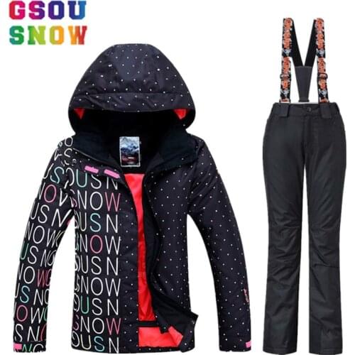 GSOU SNOW Winter womens windproof waterproof Ski Suit outdoor Ski Jacket+ski Pants Set Snowboard Mountain Snow Clothes coat